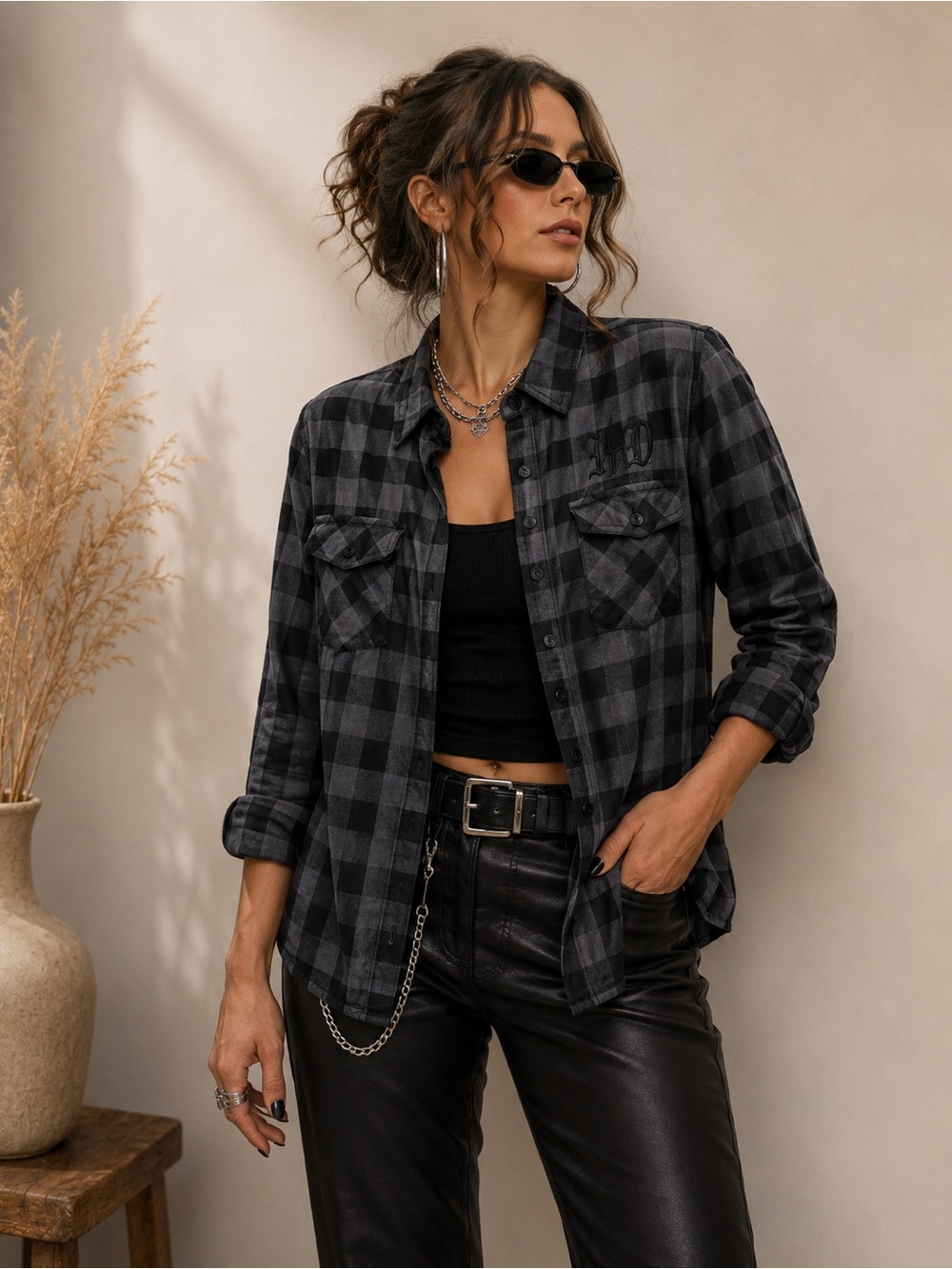 Harley-Davidson Black & Grey Plaid Button-Up Shirt | Embroidered Logo |Large
